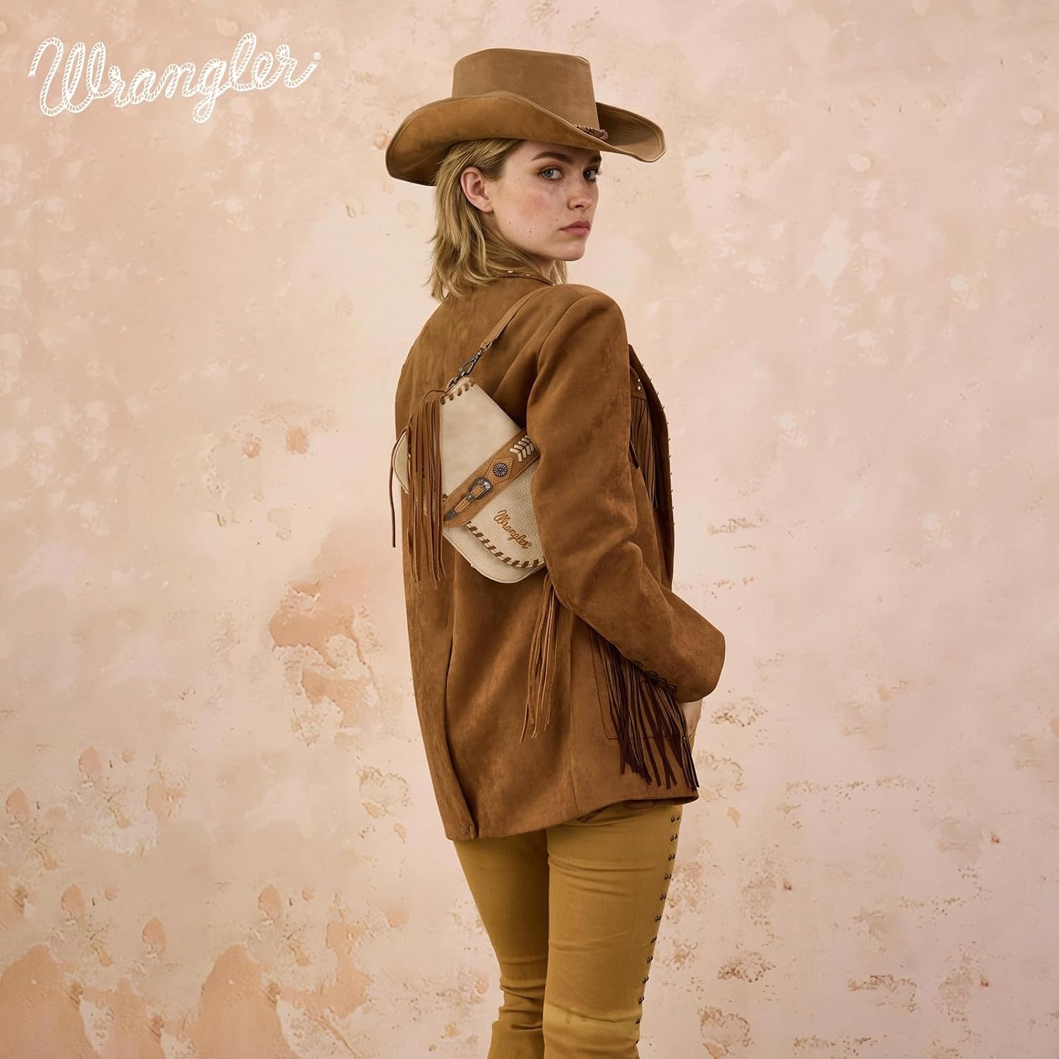 image:imageWrangler Western Shoulder Bag for Women Flap Crossbody Purse with Whipstitch Detail amp FringeVintage Cowgirl HandbagAtan