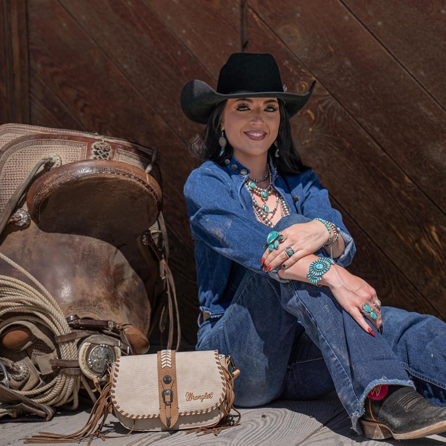 image:imageWrangler Western Shoulder Bag for Women Flap Crossbody Purse with Whipstitch Detail amp FringeVintage Cowgirl HandbagAtan