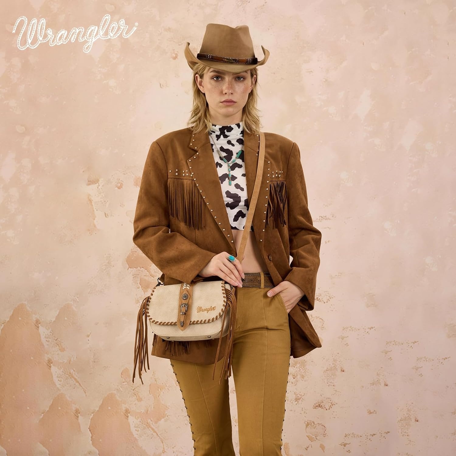 image:imageWrangler Western Shoulder Bag for Women Flap Crossbody Purse with Whipstitch Detail amp FringeVintage Cowgirl HandbagAtan