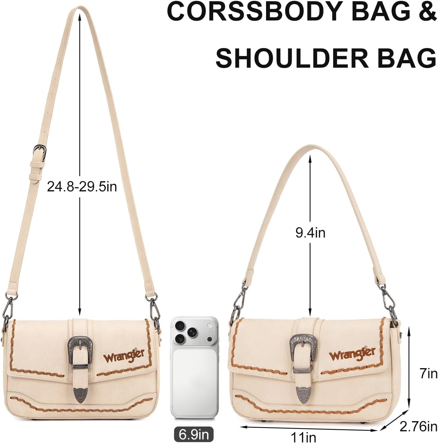image:imageWrangler Western Shoulder Bag for Women Flap Crossbody Purse with Whipstitch Detail amp FringeVintage Cowgirl HandbagBbeige