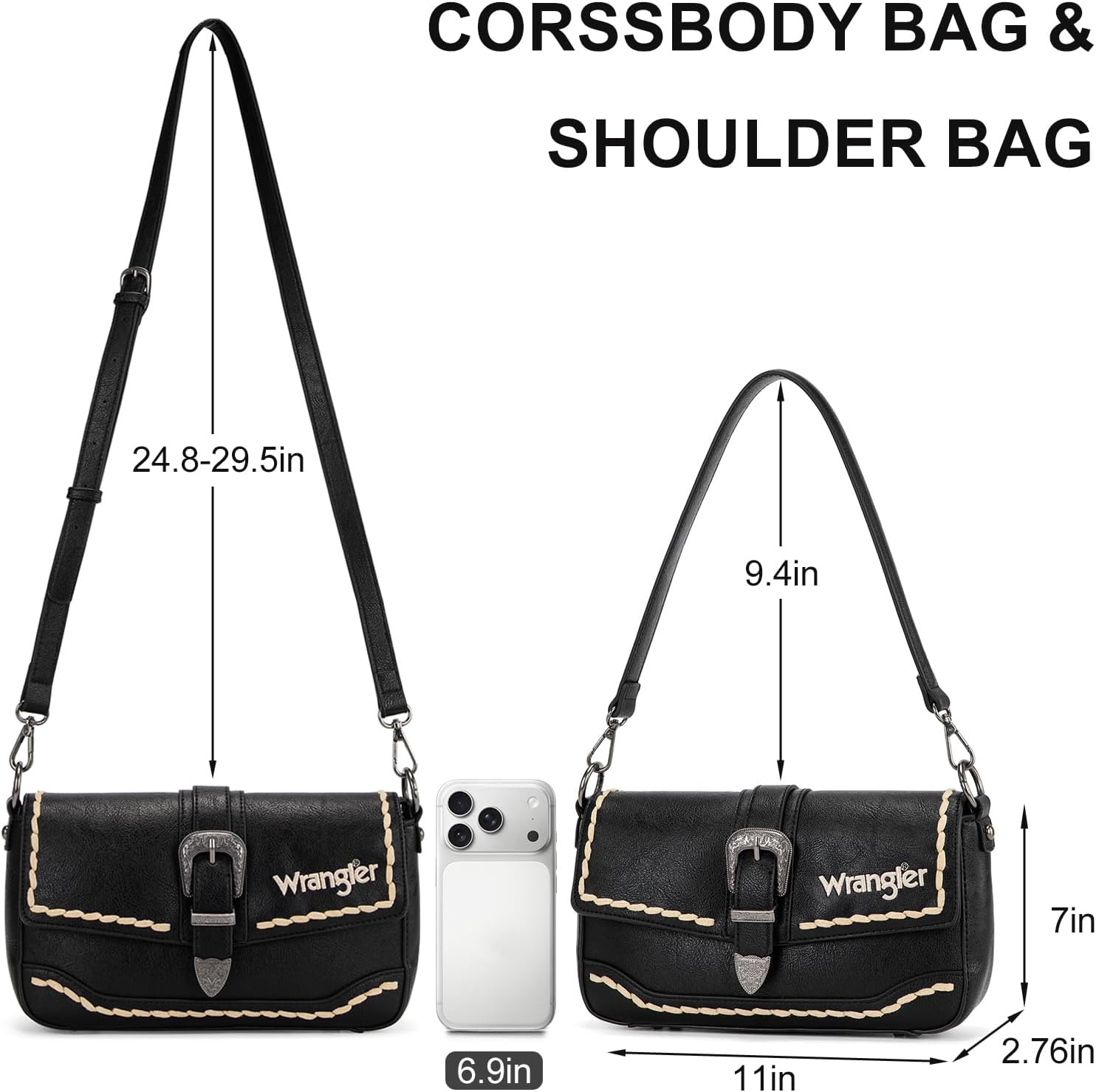 image:imageWrangler Western Shoulder Bag for Women Flap Crossbody Purse with Whipstitch Detail amp FringeVintage Cowgirl HandbagBblack
