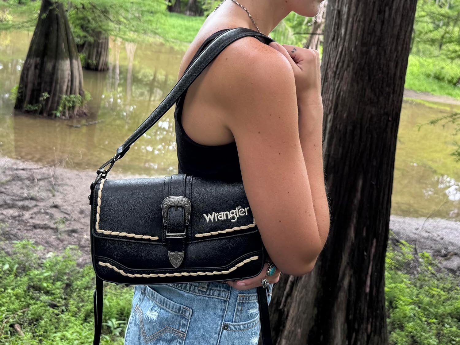 image:imageWrangler Western Shoulder Bag for Women Flap Crossbody Purse with Whipstitch Detail amp FringeVintage Cowgirl HandbagBblack