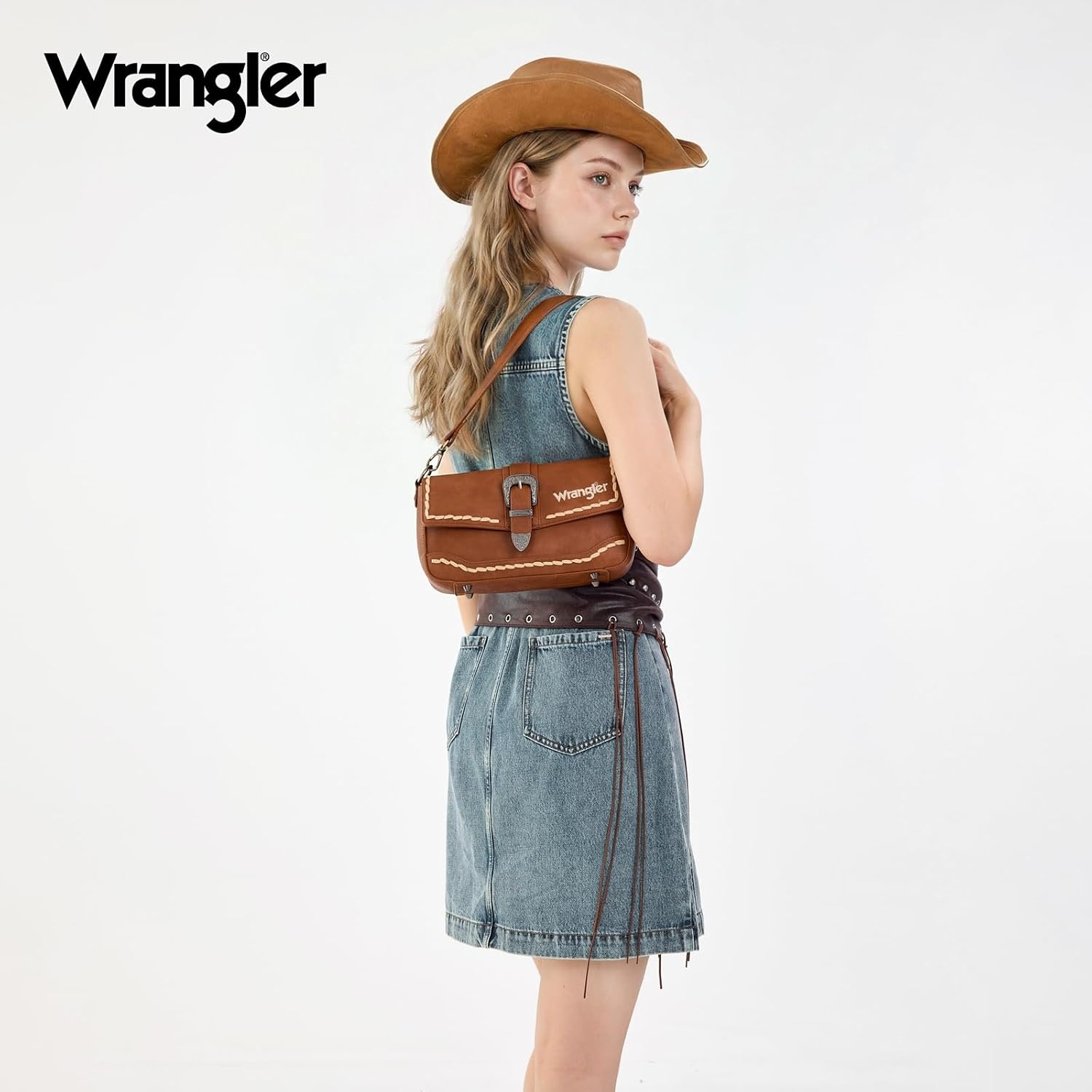 image:imageWrangler Western Shoulder Bag for Women Flap Crossbody Purse with Whipstitch Detail amp FringeVintage Cowgirl HandbagBbrown