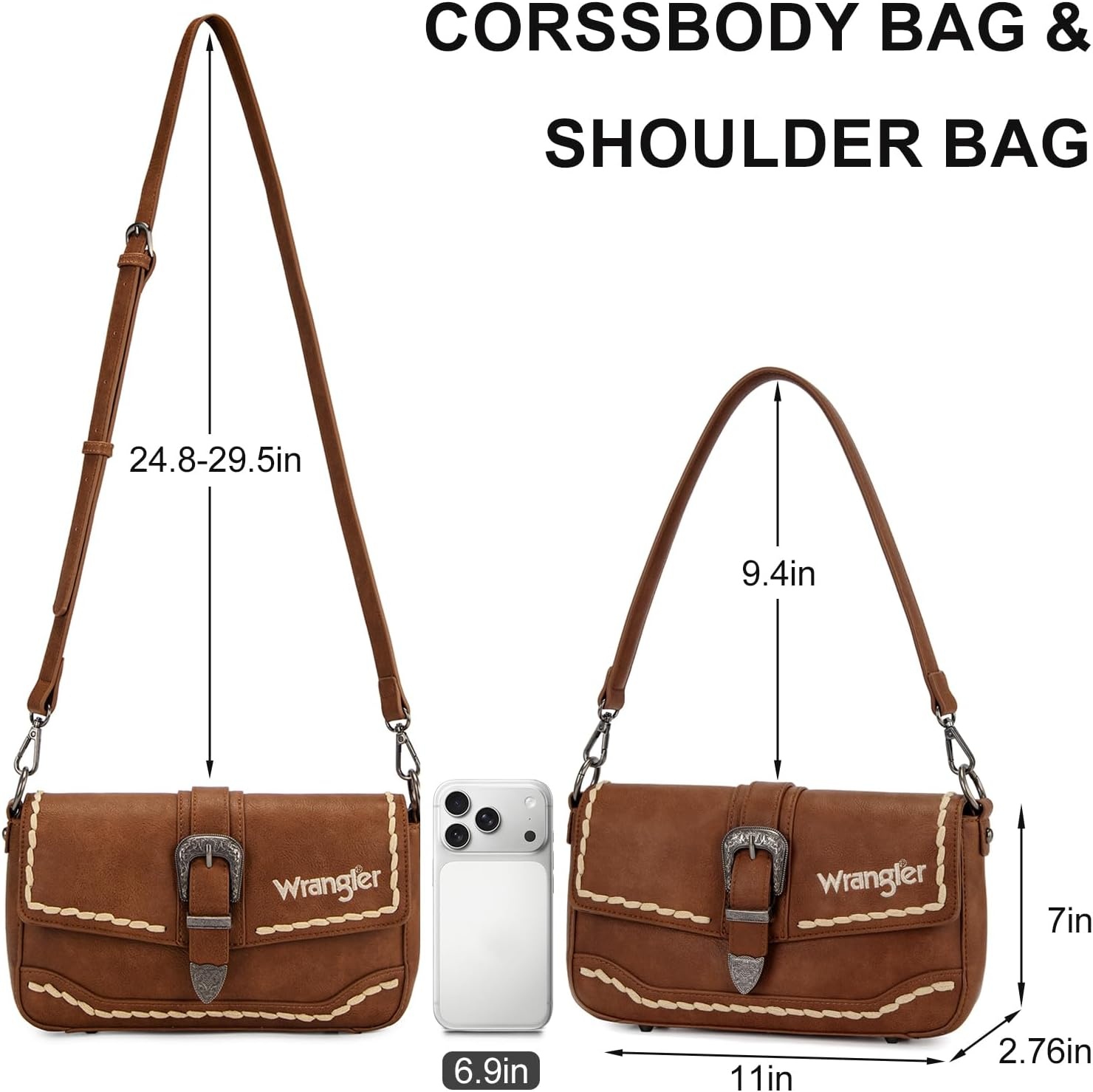 image:imageWrangler Western Shoulder Bag for Women Flap Crossbody Purse with Whipstitch Detail amp FringeVintage Cowgirl HandbagBbrown