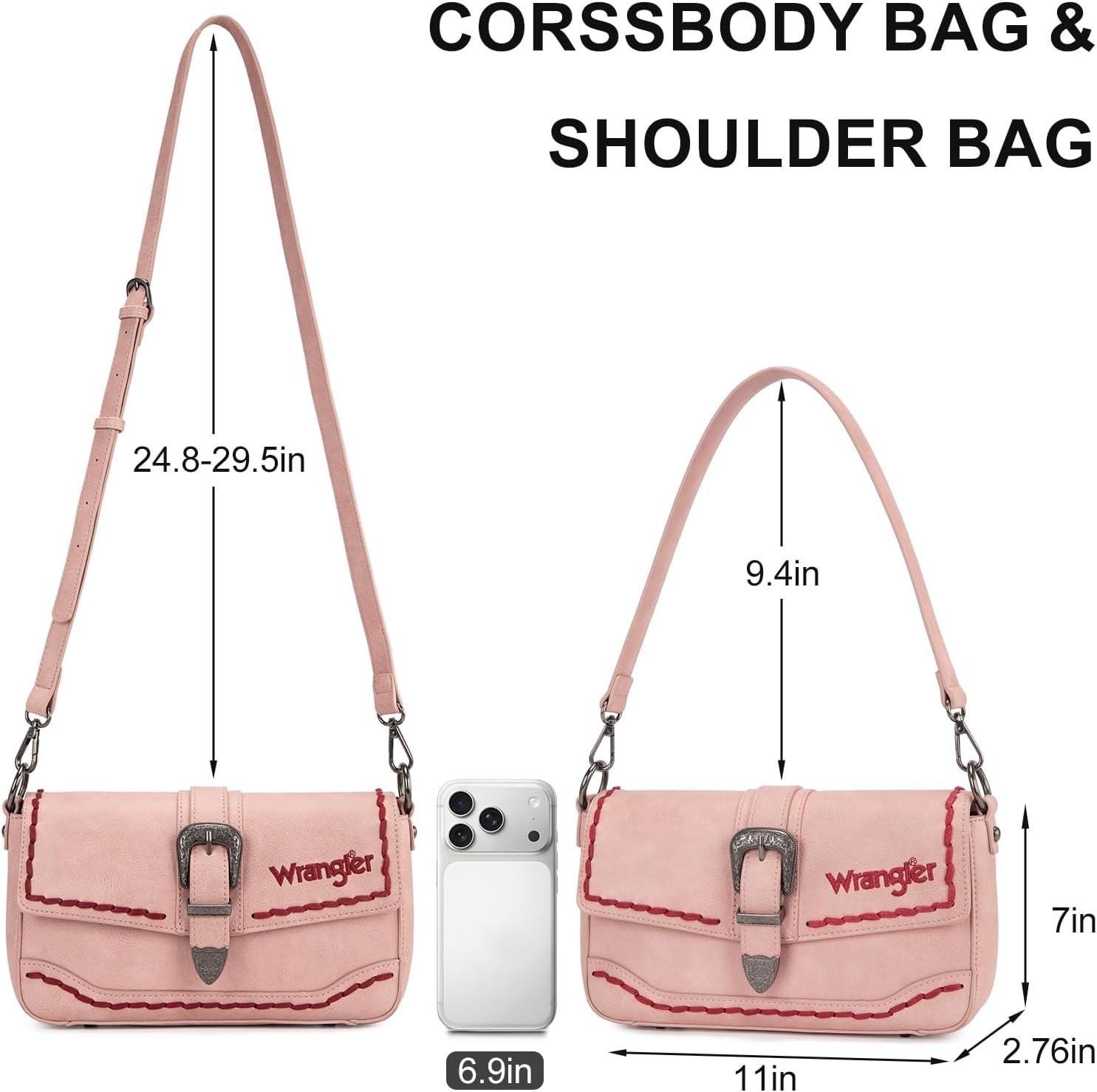 image:imageWrangler Western Shoulder Bag for Women Flap Crossbody Purse with Whipstitch Detail amp FringeVintage Cowgirl HandbagBdeep Pink