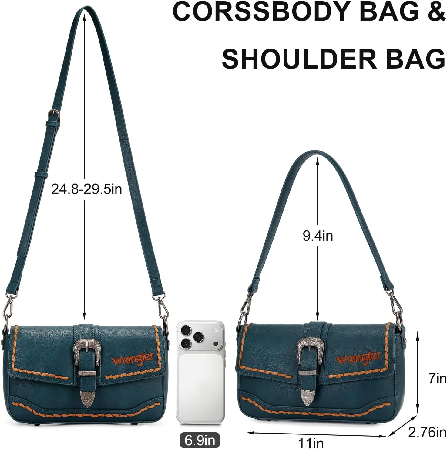 image:imageWrangler Western Shoulder Bag for Women Flap Crossbody Purse with Whipstitch Detail amp FringeVintage Cowgirl HandbagBgreen Dark