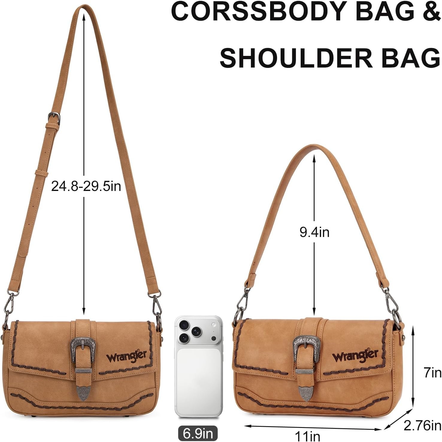 image:imageWrangler Western Shoulder Bag for Women Flap Crossbody Purse with Whipstitch Detail amp FringeVintage Cowgirl HandbagBkhaki