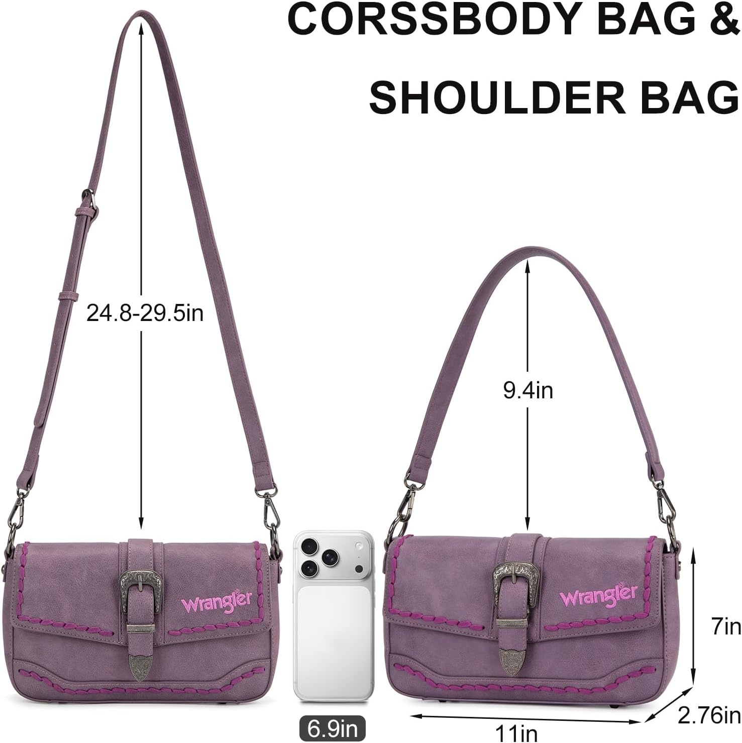 image:imageWrangler Western Shoulder Bag for Women Flap Crossbody Purse with Whipstitch Detail amp FringeVintage Cowgirl HandbagBpurple