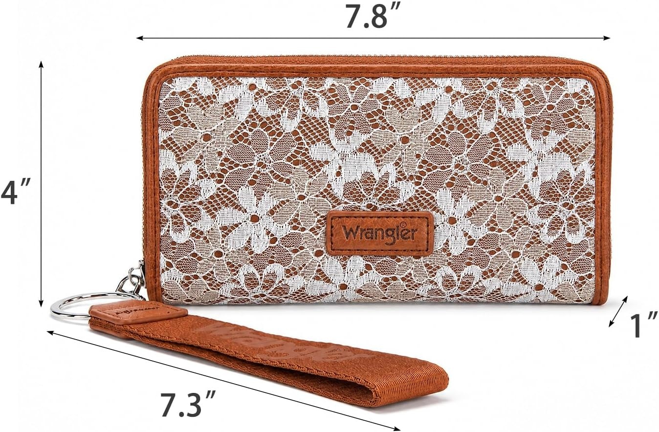image:imageWrangler Wristlet Wallets for Women Lace Floral Tooled Clutch Purse RFID Blocking Wallet Credit Card HolderBrown