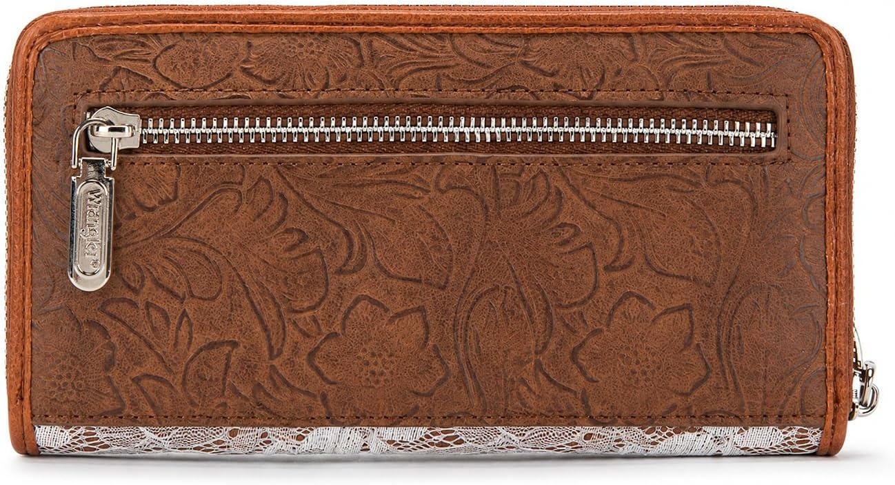 image:imageWrangler Wristlet Wallets for Women Lace Floral Tooled Clutch Purse RFID Blocking Wallet Credit Card HolderBrown
