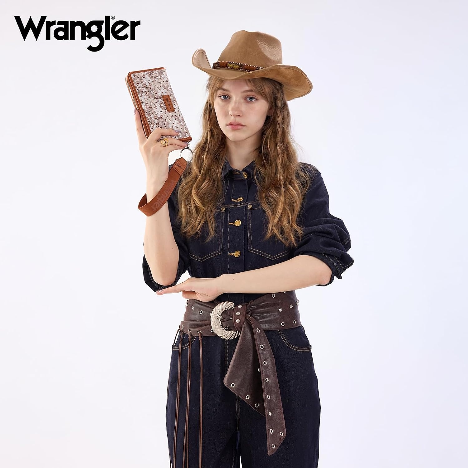 image:imageWrangler Wristlet Wallets for Women Lace Floral Tooled Clutch Purse RFID Blocking Wallet Credit Card HolderBrown