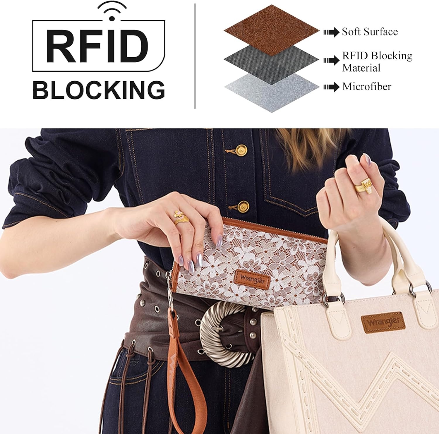 image:imageWrangler Wristlet Wallets for Women Lace Floral Tooled Clutch Purse RFID Blocking Wallet Credit Card HolderBrown