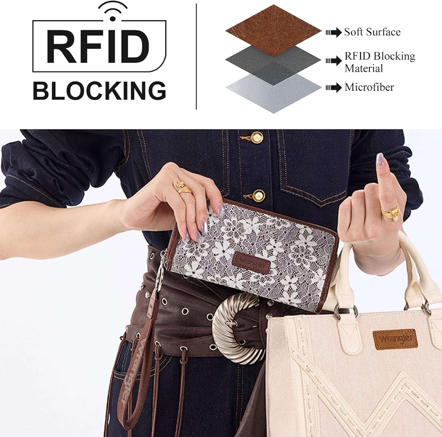 image:imageWrangler Wristlet Wallets for Women Lace Floral Tooled Clutch Purse RFID Blocking Wallet Credit Card HolderCoffee