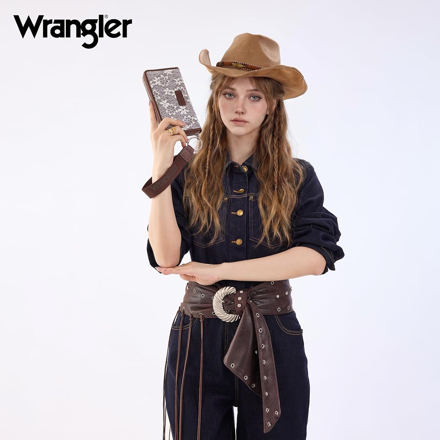 image:imageWrangler Wristlet Wallets for Women Lace Floral Tooled Clutch Purse RFID Blocking Wallet Credit Card HolderCoffee