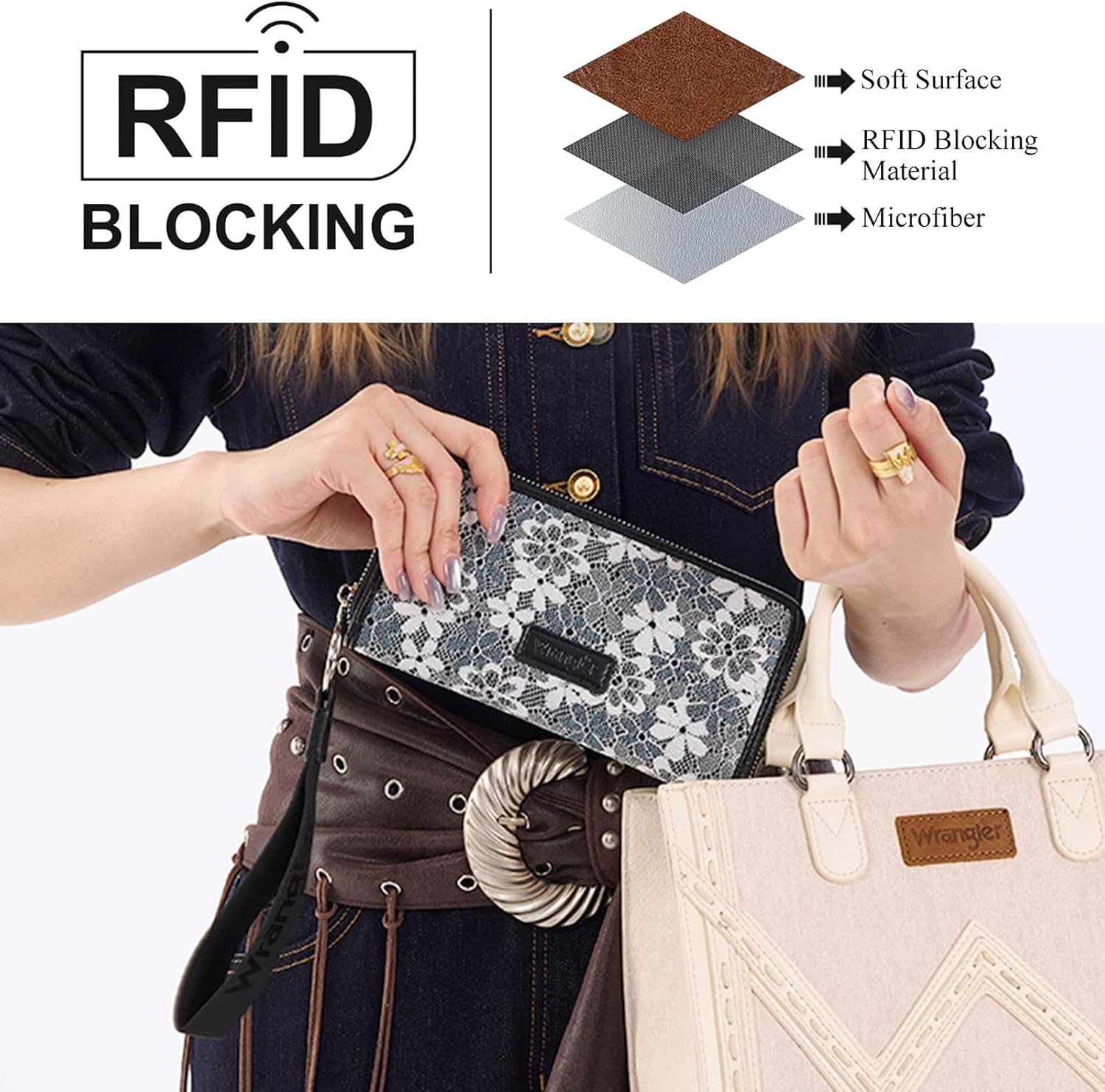 image:imageWrangler Wristlet Wallets for Women Lace Floral Tooled Clutch Purse RFID Blocking Wallet Credit Card HolderJet Black