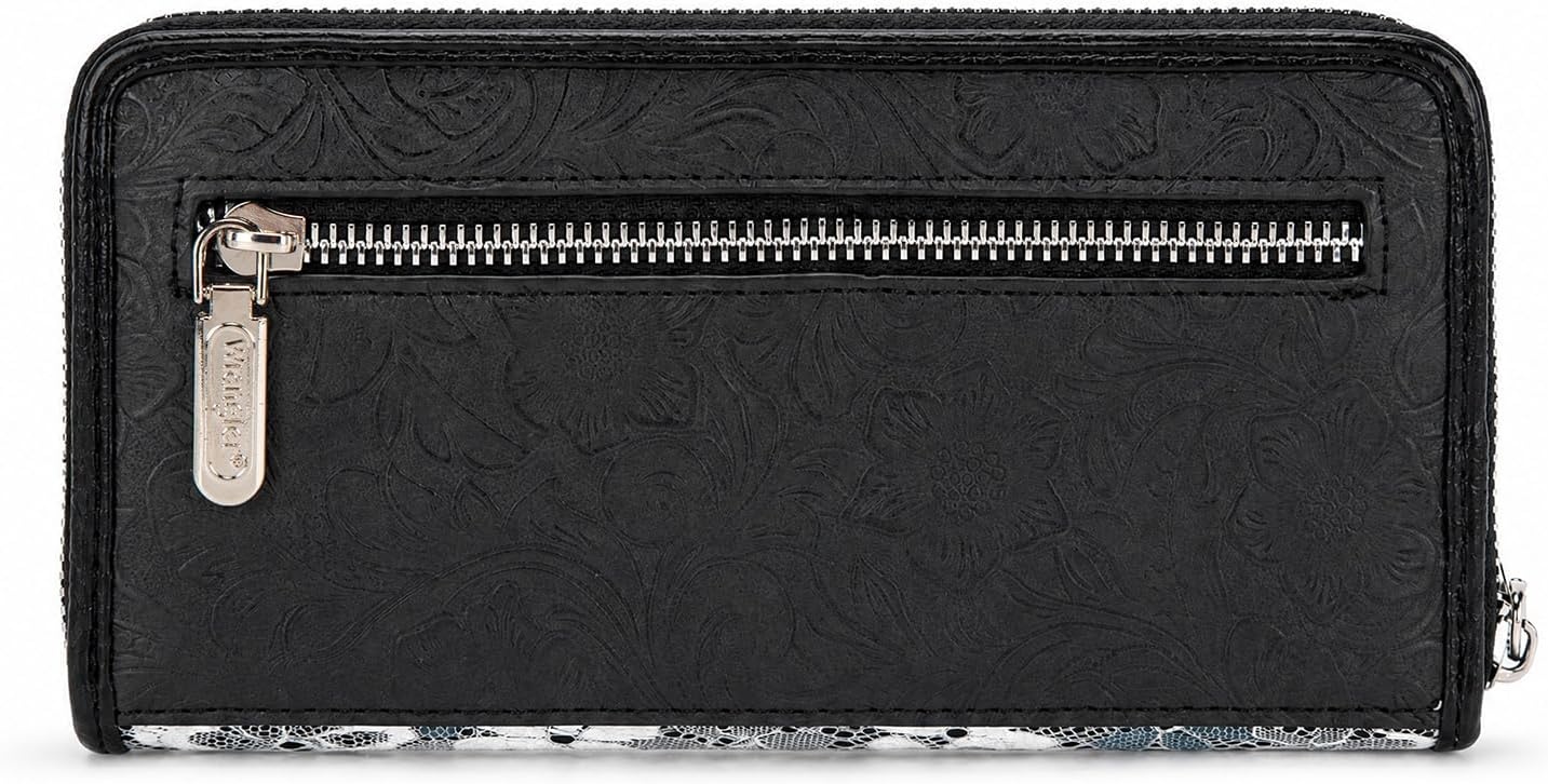 image:imageWrangler Wristlet Wallets for Women Lace Floral Tooled Clutch Purse RFID Blocking Wallet Credit Card HolderJet Black