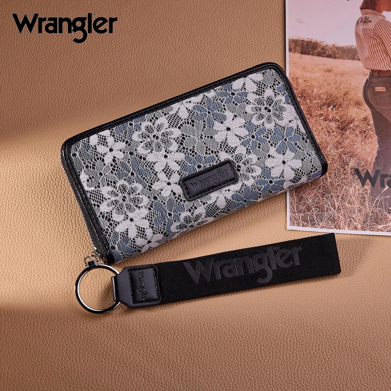 image:imageWrangler Wristlet Wallets for Women Lace Floral Tooled Clutch Purse RFID Blocking Wallet Credit Card HolderJet Black