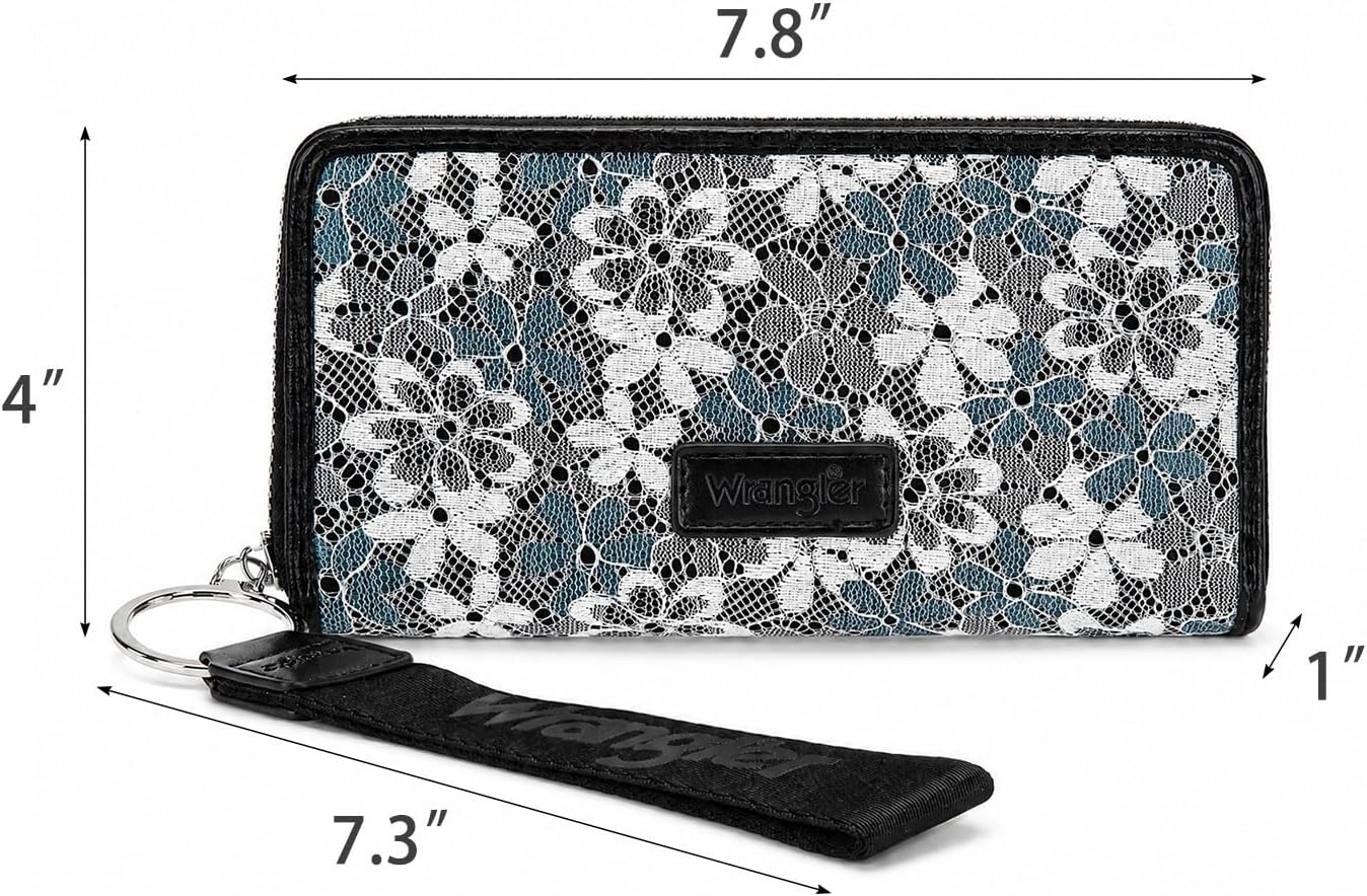 image:imageWrangler Wristlet Wallets for Women Lace Floral Tooled Clutch Purse RFID Blocking Wallet Credit Card HolderJet Black
