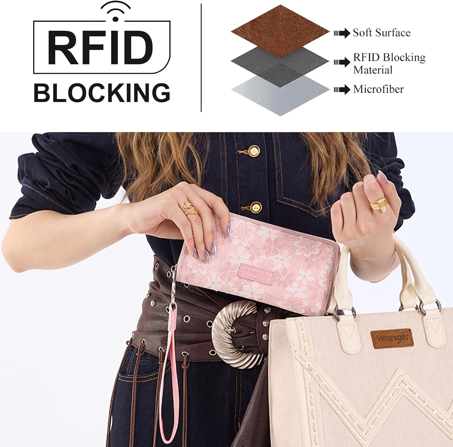 image:imageWrangler Wristlet Wallets for Women Lace Floral Tooled Clutch Purse RFID Blocking Wallet Credit Card HolderPink