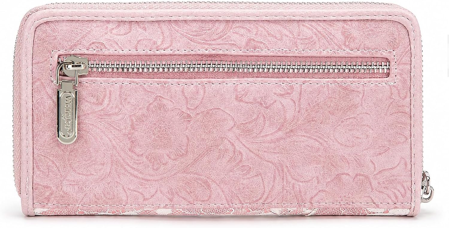 image:imageWrangler Wristlet Wallets for Women Lace Floral Tooled Clutch Purse RFID Blocking Wallet Credit Card HolderPink