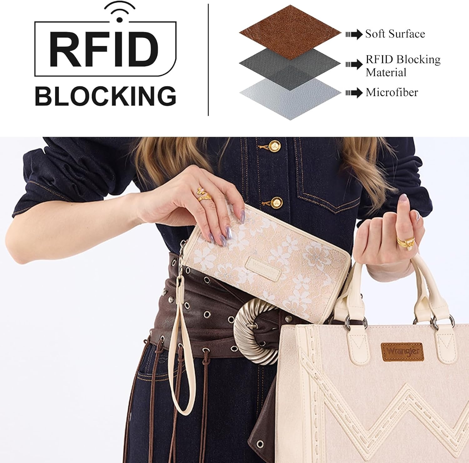 image:imageWrangler Wristlet Wallets for Women Lace Floral Tooled Clutch Purse RFID Blocking Wallet Credit Card HolderTan