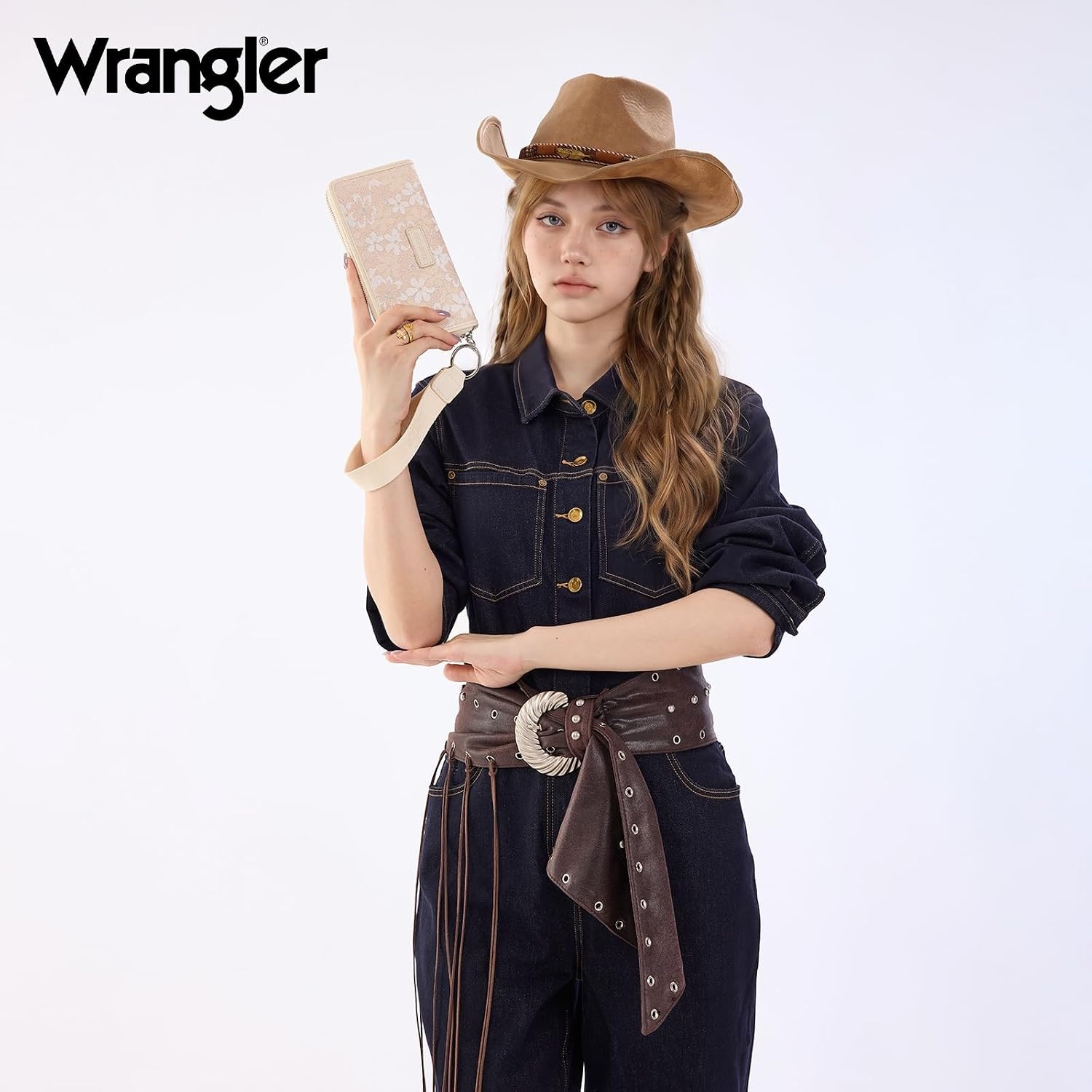 image:imageWrangler Wristlet Wallets for Women Lace Floral Tooled Clutch Purse RFID Blocking Wallet Credit Card HolderTan