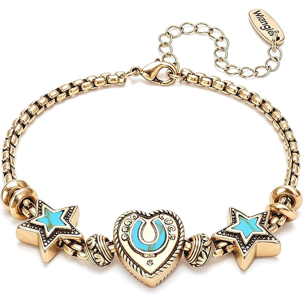 image:imageMontana West Wrangler Heart Bracelets for Women Sliding Charm Bracelet Fixed Charms Turquoise Jewelry for Women with Gift Box Sterling Silver14K GoldGold Blue