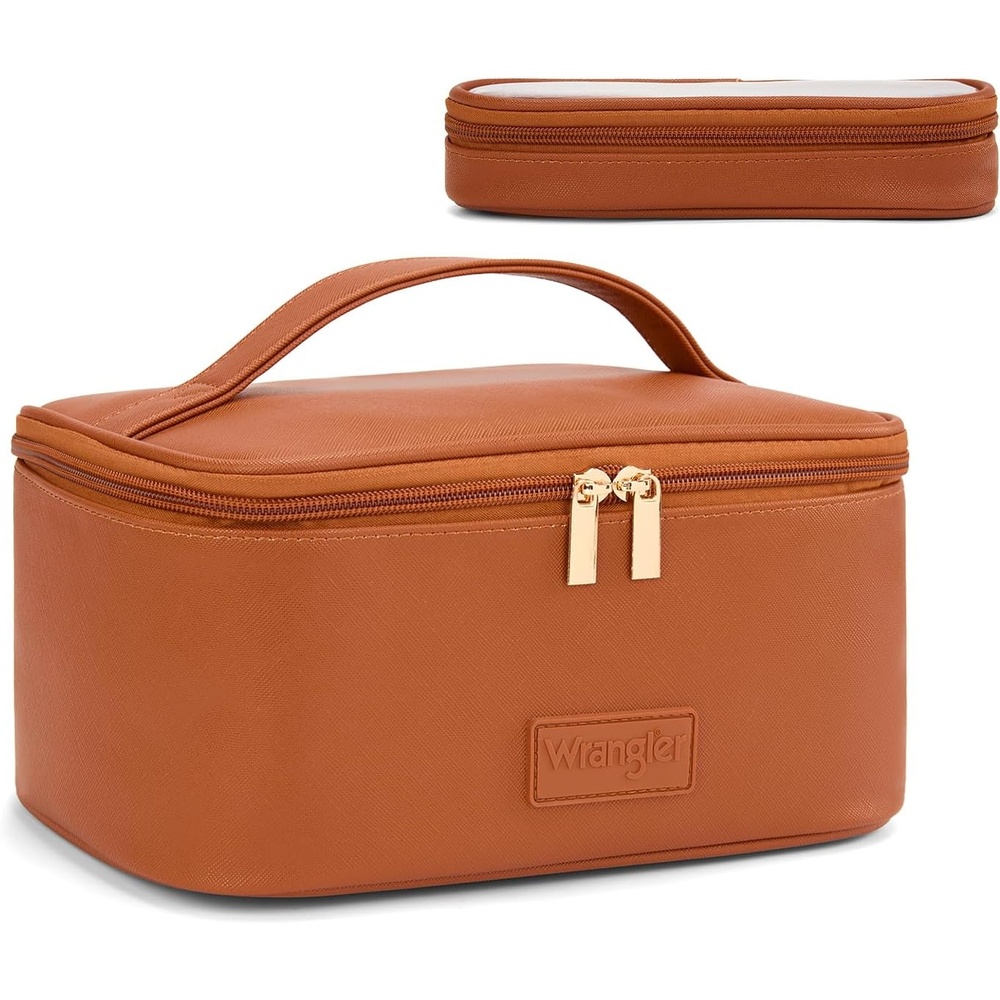 image:imageMontana West X Wrangler Travel Makeup Bag 2pcs Set Large Cosmetic Bag with Makeup Brush Holder Portable Make Up Organizer Cute Toiletry Bag with Divider and Handle for WomenLight Brown