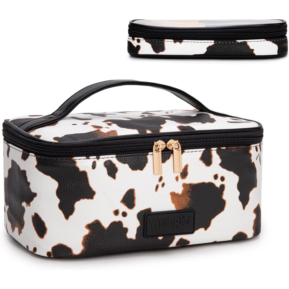 image:imageMontana West X Wrangler Travel Makeup Bag 2pcs Set Large Cosmetic Bag with Makeup Brush Holder Portable Make Up Organizer Cute Toiletry Bag with Divider and Handle for WomenCowBrown