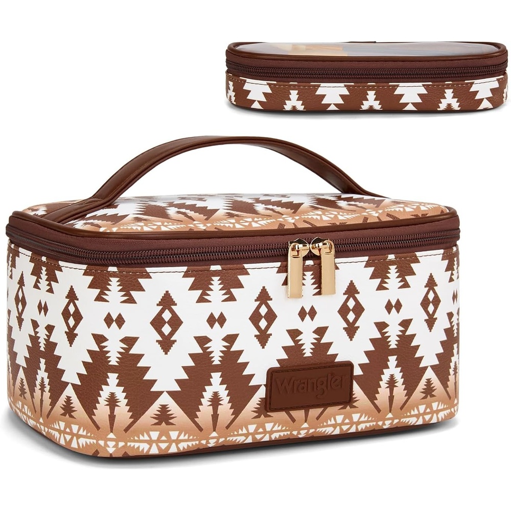 image:imageMontana West X Wrangler Travel Makeup Bag 2pcs Set Large Cosmetic Bag with Makeup Brush Holder Portable Make Up Organizer Cute Toiletry Bag with Divider and Handle for WomenAztecCoffee
