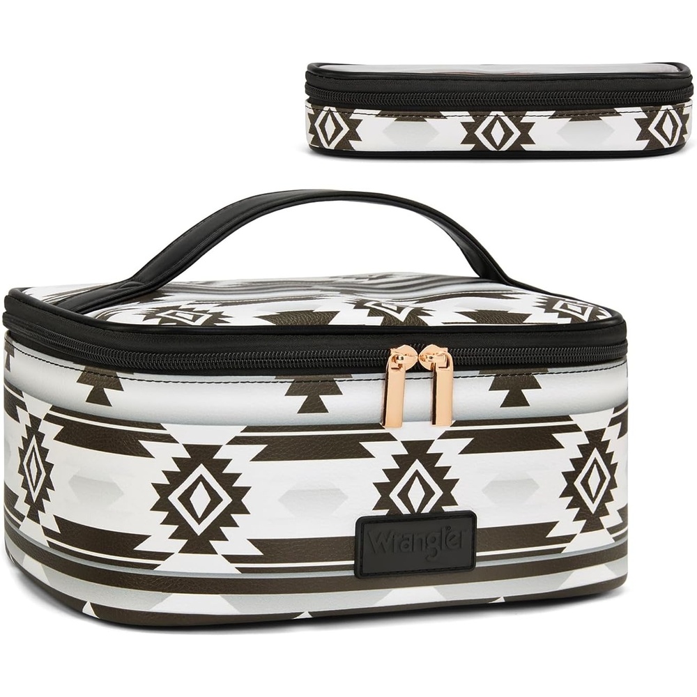 image:imageMontana West X Wrangler Travel Makeup Bag 2pcs Set Large Cosmetic Bag with Makeup Brush Holder Portable Make Up Organizer Cute Toiletry Bag with Divider and Handle for WomenAztecBlack