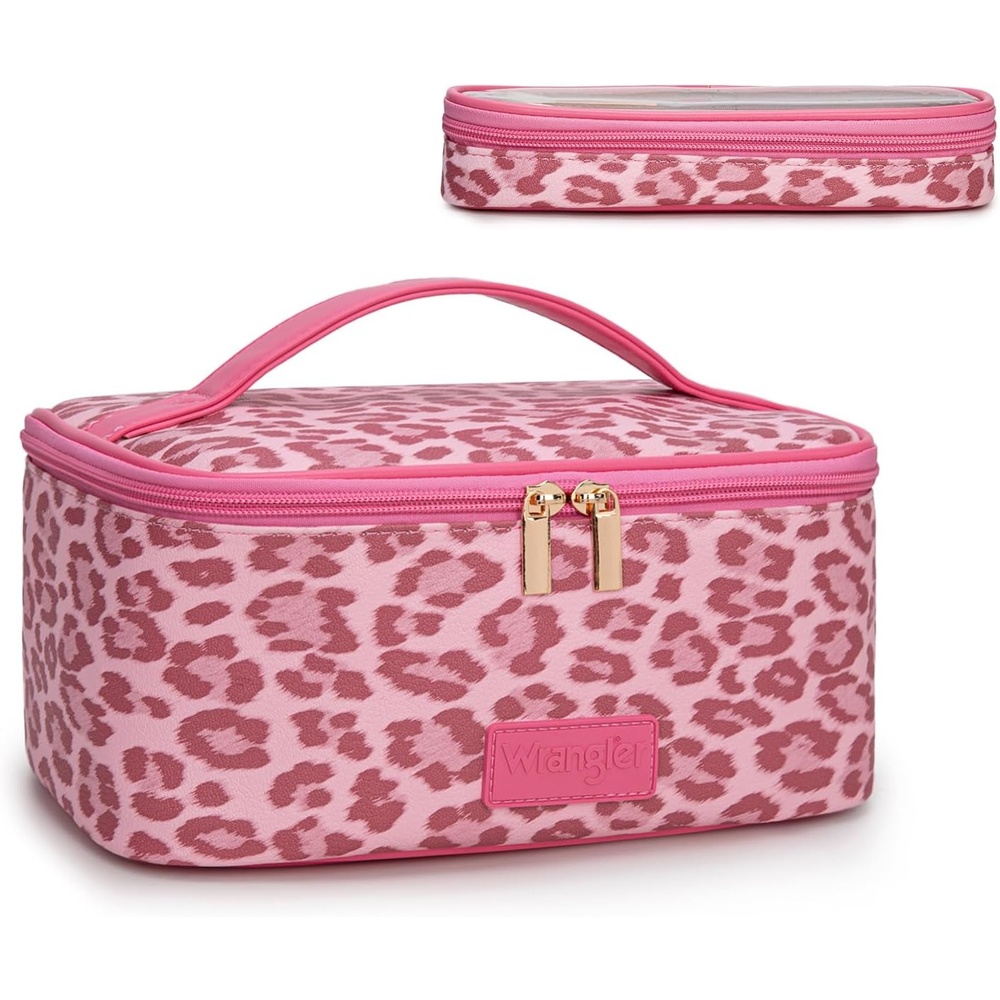 image:imageMontana West X Wrangler Travel Makeup Bag 2pcs Set Large Cosmetic Bag with Makeup Brush Holder Portable Make Up Organizer Cute Toiletry Bag with Divider and Handle for WomenLeopardPink