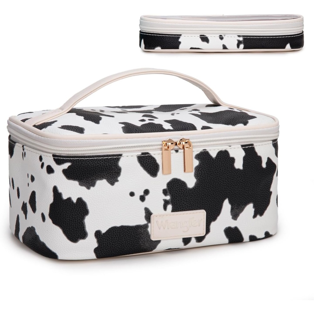 image:imageMontana West X Wrangler Travel Makeup Bag 2pcs Set Large Cosmetic Bag with Makeup Brush Holder Portable Make Up Organizer Cute Toiletry Bag with Divider and Handle for WomenCowBlack