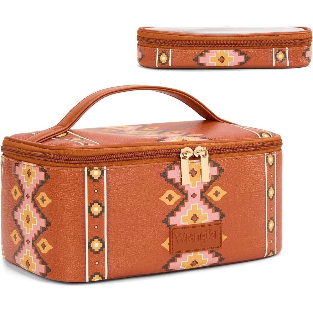 image:imageMontana West X Wrangler Travel Makeup Bag 2pcs Set Large Cosmetic Bag with Makeup Brush Holder Portable Make Up Organizer Cute Toiletry Bag with Divider and Handle for WomenAztecBrown