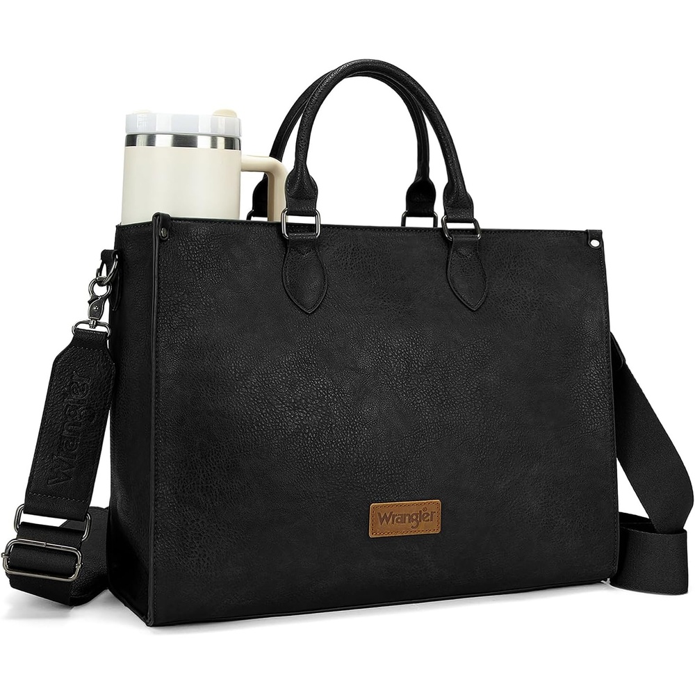 image:imageWrangler Laptop Tote Bag for Women 156 Inch Large Leather Work Bag with Cup Holder Vintage Computer Bags Briefcase HandbagBlack
