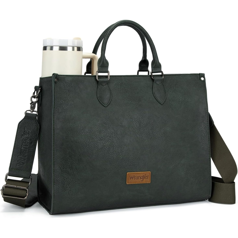 image:imageWrangler Laptop Tote Bag for Women 156 Inch Large Leather Work Bag with Cup Holder Vintage Computer Bags Briefcase HandbagGreen