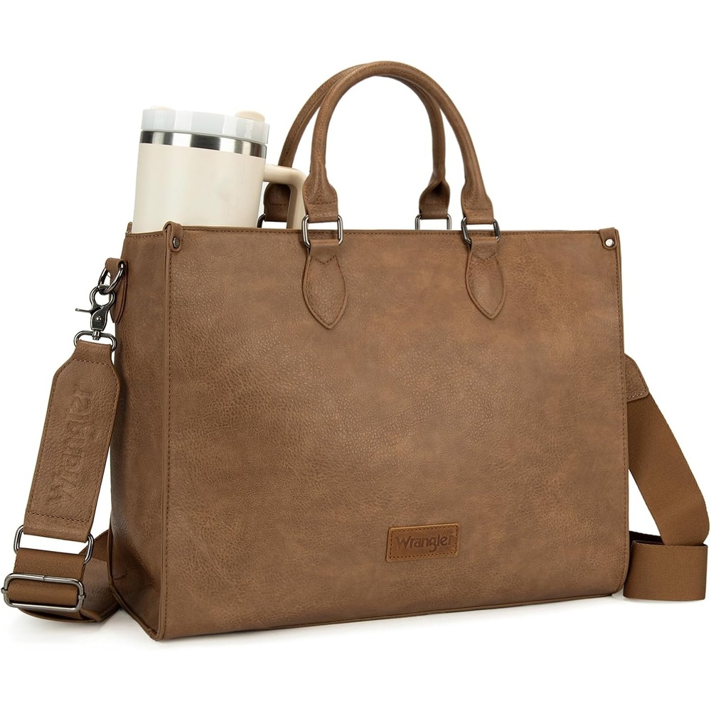 image:imageWrangler Laptop Tote Bag for Women 156 Inch Large Leather Work Bag with Cup Holder Vintage Computer Bags Briefcase HandbagKhaki