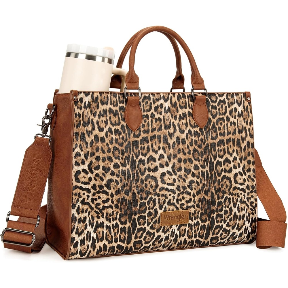 image:imageWrangler Laptop Tote Bag for Women 156 Inch Large Leather Work Bag with Cup Holder Vintage Computer Bags Briefcase HandbagLeopard