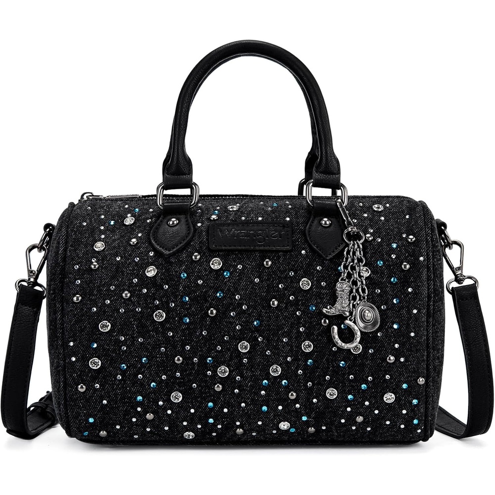 image:imageWrangler Rhinestone Denim Barrel Bag for Women Crossbody Satchel Purse  Bling Rhinestones and Rivets with Detachable Charm Wear as Crossbody Shoulder or Handle for Concerts and Everyday OutingsBlack
