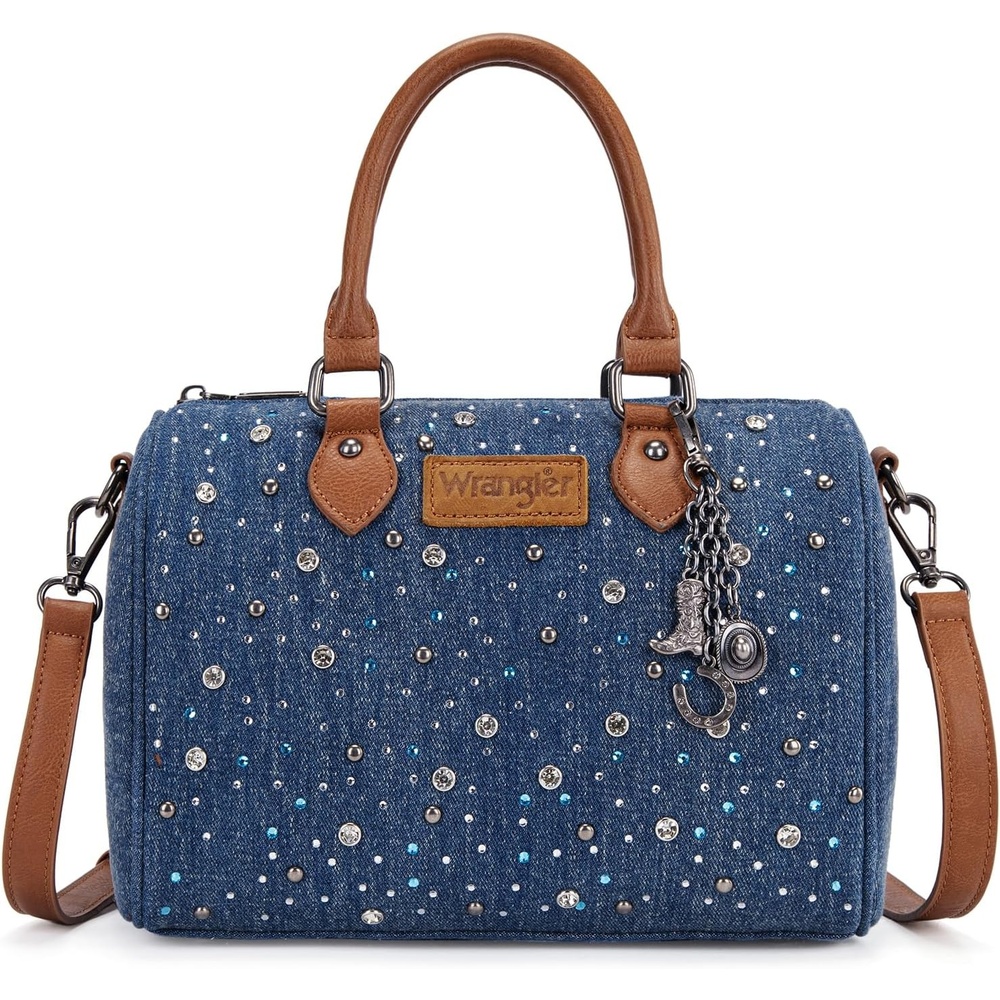 image:imageWrangler Rhinestone Denim Barrel Bag for Women Crossbody Satchel Purse  Bling Rhinestones and Rivets with Detachable Charm Wear as Crossbody Shoulder or Handle for Concerts and Everyday OutingsDark Jean