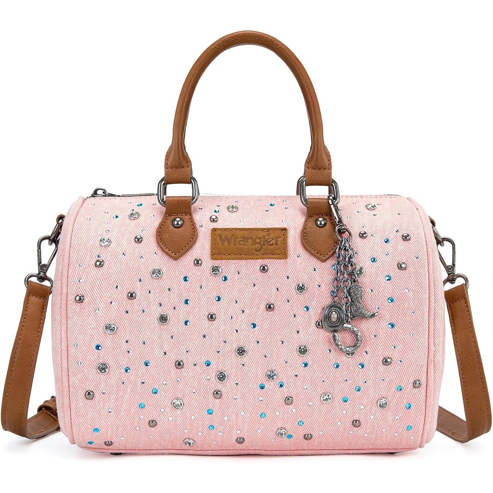 image:imageWrangler Rhinestone Denim Barrel Bag for Women Crossbody Satchel Purse Bling Rhinestones and Rivets with Detachable Charm Wear as Crossbody Shoulder or Handle for Concerts and Everyday OutingsPink