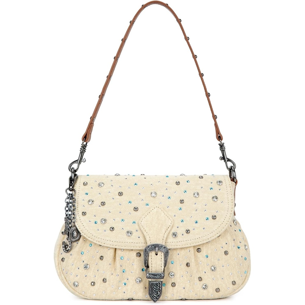image:imageWrangler Rhinestone Denim Purse Cute Shoulder Bag Womens Crossbody Handbag Cowgirl Y2K Purses Sparkly Bling Denim Lightweight for Going Out or Travel 3 Pockets Fits Phone Keys LipstickBiege