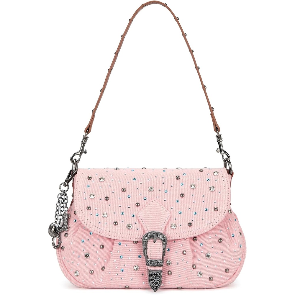 image:imageWrangler Rhinestone Denim Purse Cute Shoulder Bag Womens Crossbody Handbag Cowgirl Y2K Purses Sparkly Bling Denim Lightweight for Going Out or Travel 3 Pockets Fits Phone Keys LipstickPink
