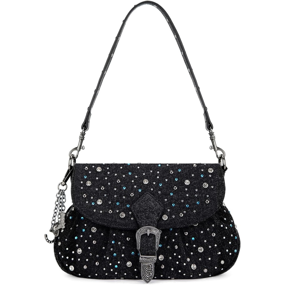 image:imageWrangler Rhinestone Denim Purse Cute Shoulder Bag Womens Crossbody Handbag  Cowgirl Y2K Purses Sparkly Bling Denim Lightweight for Going Out or Travel 3 Pockets Fits Phone Keys LipstickBlack