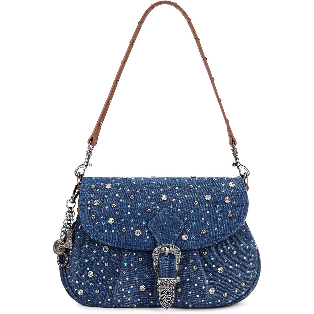 image:imageWrangler Rhinestone Denim Purse Cute Shoulder Bag Womens Crossbody Handbag  Cowgirl Y2K Purses Sparkly Bling Denim Lightweight for Going Out or Travel 3 Pockets Fits Phone Keys LipstickDark Jean