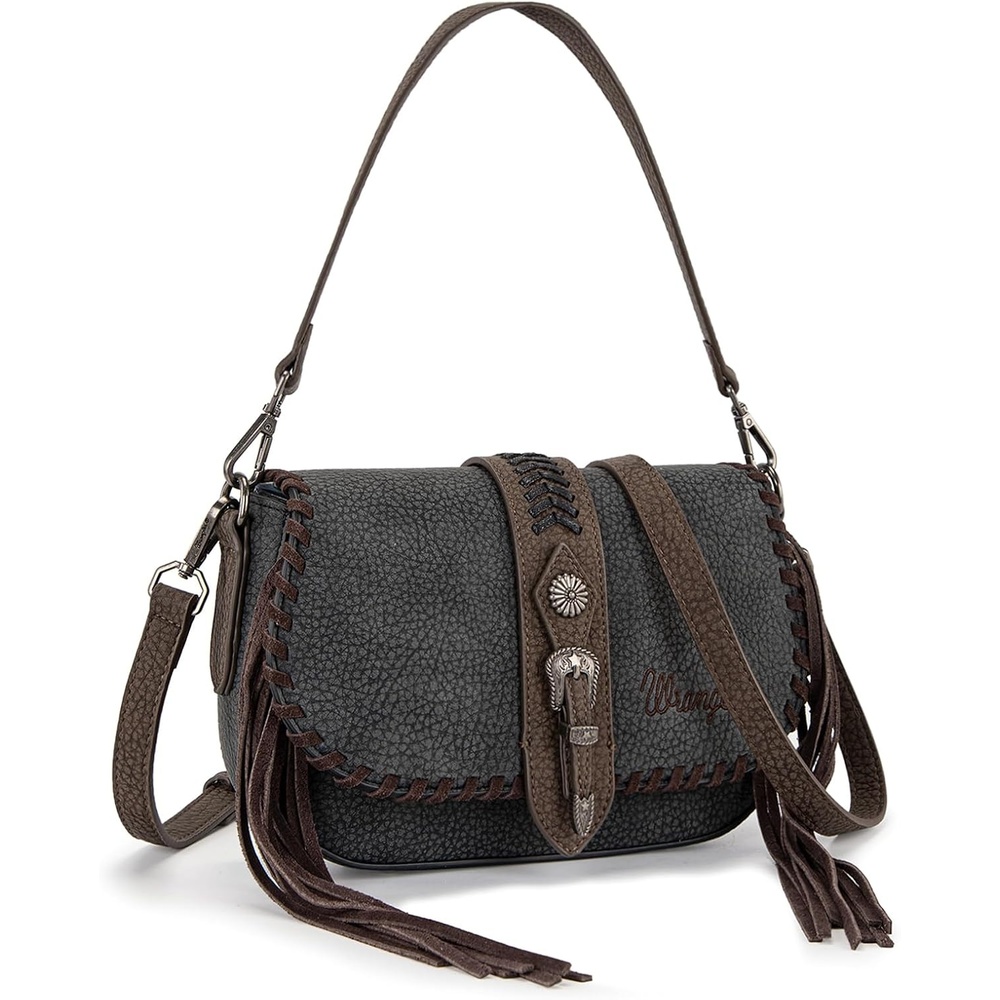 image:imageWrangler Western Shoulder Bag for Women Flap Crossbody Purse with Whipstitch Detail amp FringeVintage Cowgirl HandbagAblack