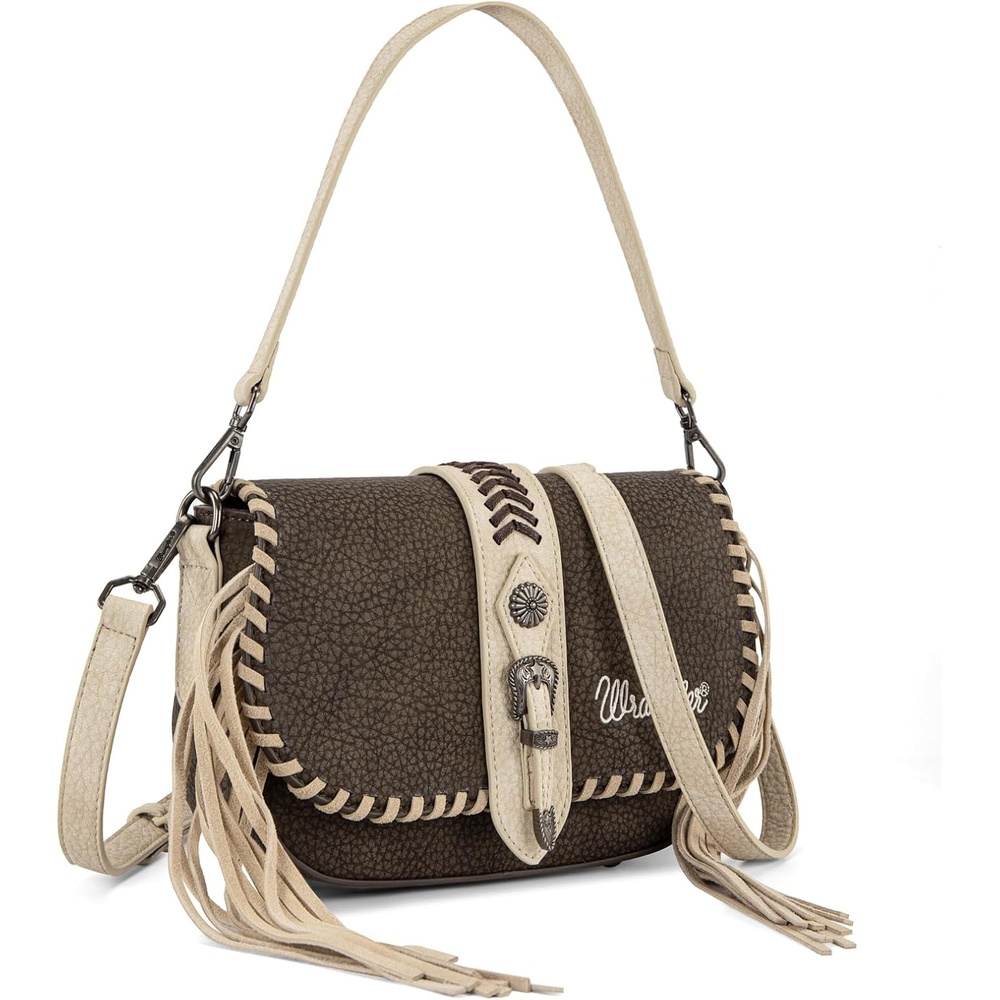 image:imageWrangler Western Shoulder Bag for Women Flap Crossbody Purse with Whipstitch Detail amp FringeVintage Cowgirl HandbagAcoffee