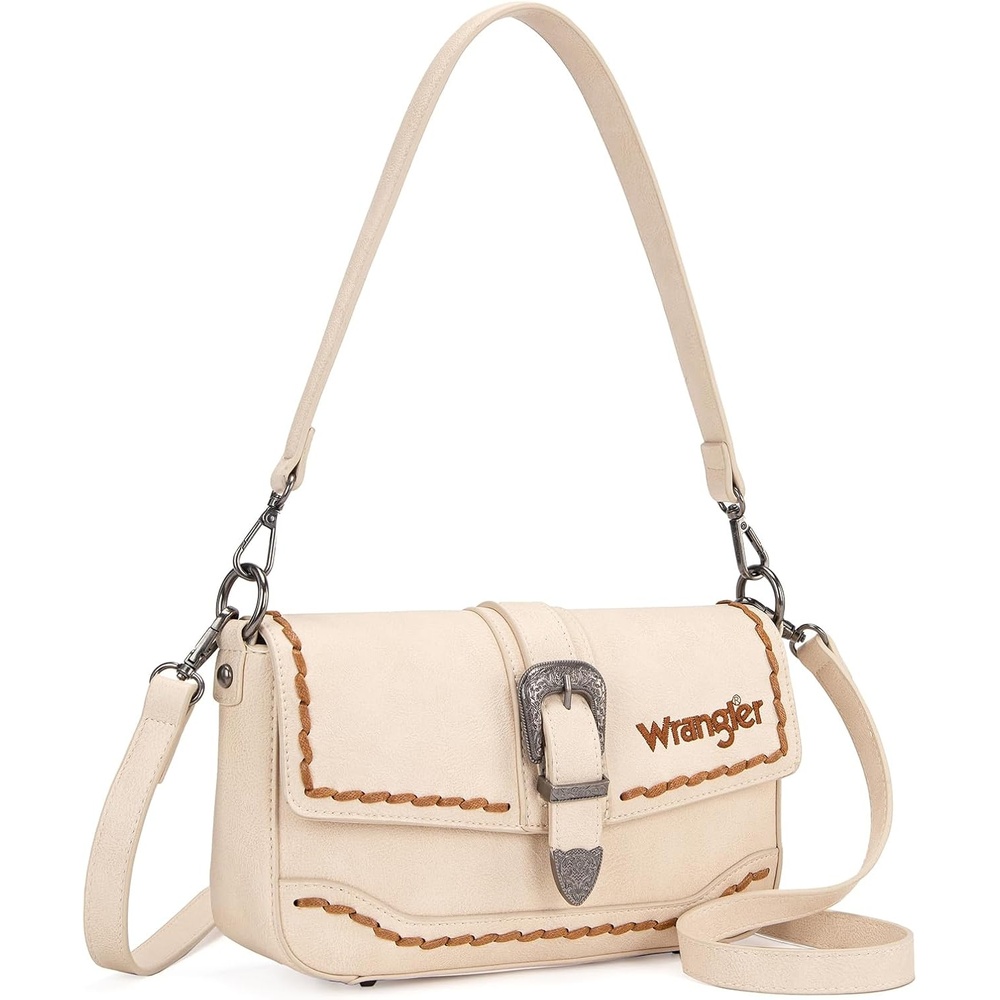 image:imageWrangler Western Shoulder Bag for Women Flap Crossbody Purse with Whipstitch Detail amp FringeVintage Cowgirl HandbagBbeige