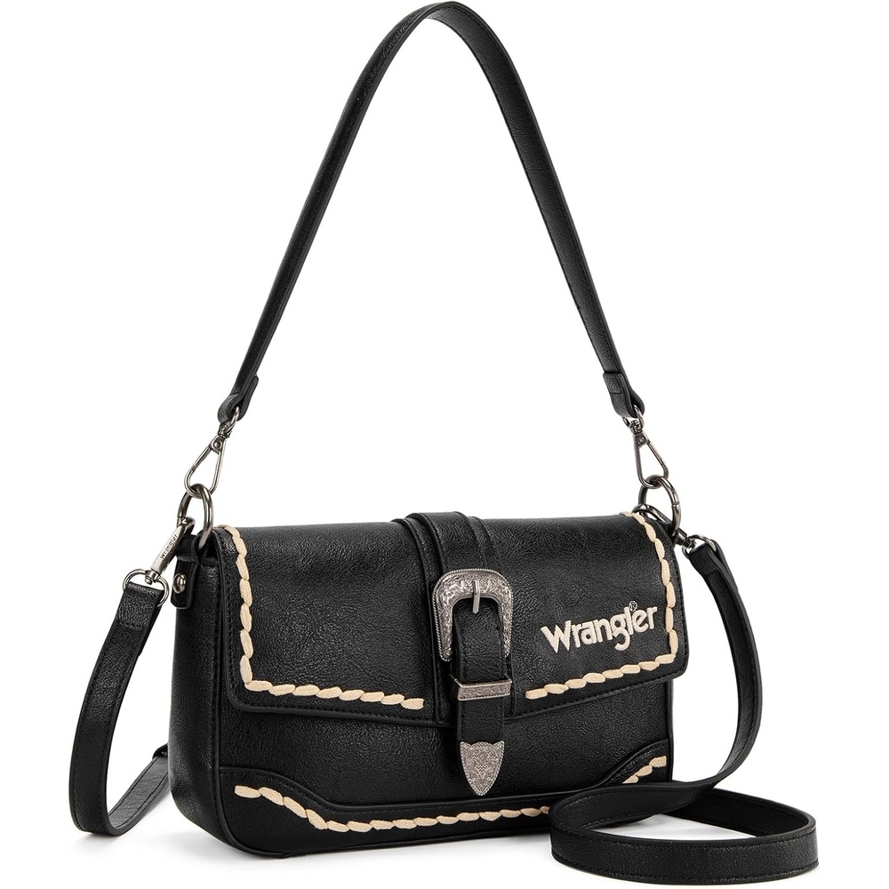 image:imageWrangler Western Shoulder Bag for Women Flap Crossbody Purse with Whipstitch Detail amp FringeVintage Cowgirl HandbagBblack