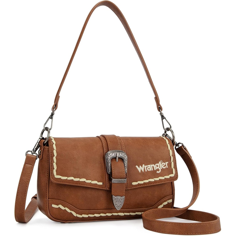 image:imageWrangler Western Shoulder Bag for Women Flap Crossbody Purse with Whipstitch Detail amp FringeVintage Cowgirl HandbagBbrown
